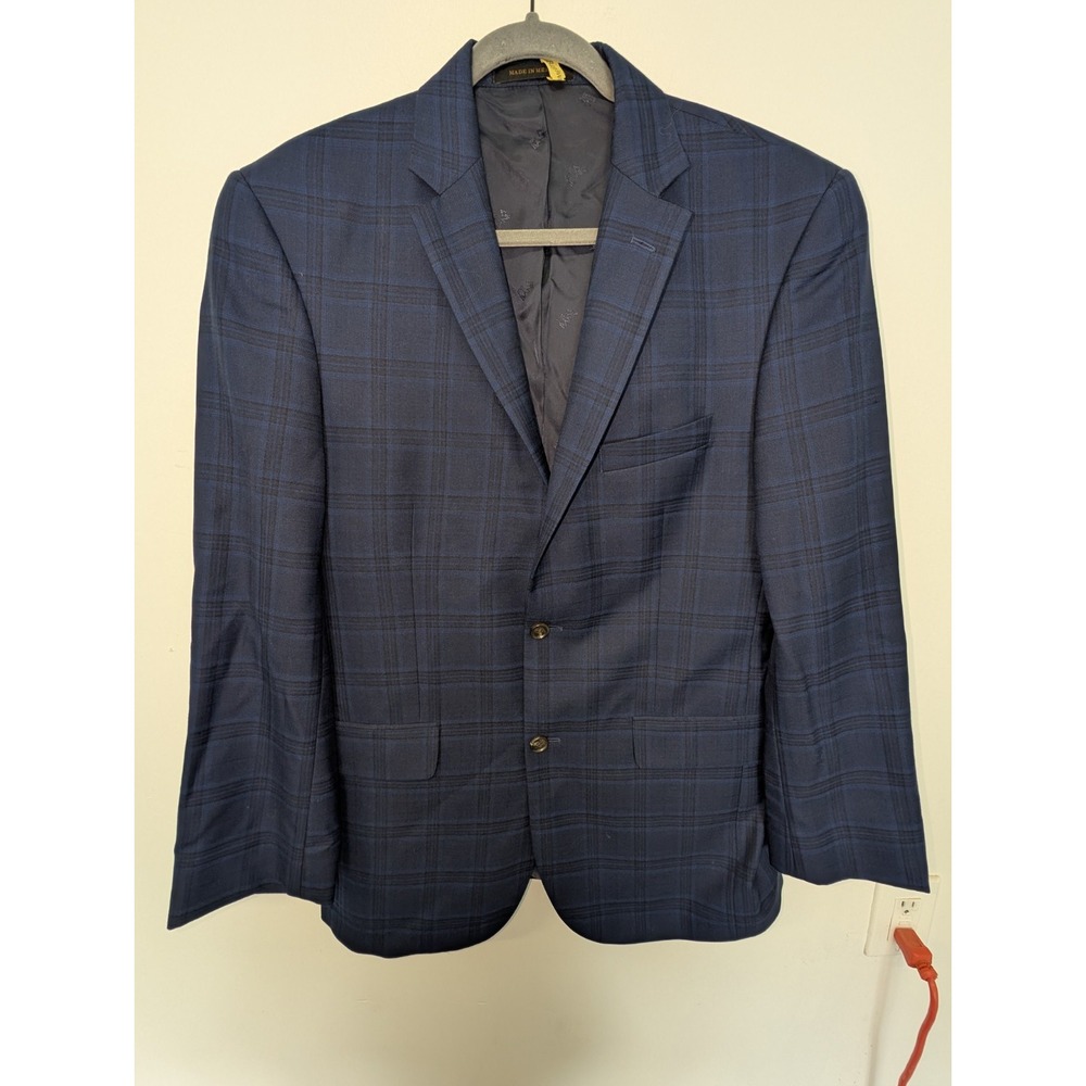 Jos A Bank Reserve Blazer Mens 41L Long Blue Plaid Wool Silk Sport Coat Jacket